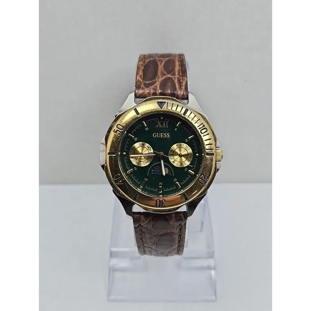 Vintage Guess 41mm Waterpro Moon Phase Day Date Green Mens Watch New Battery